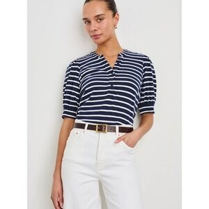 Rails Jewel Top Henley Women L Navy Ivory Striped Puff Sleeve Cotton Casual Chic